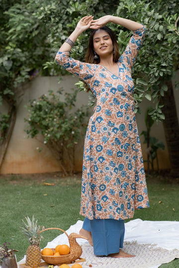 Peach Jaal Floral Printed Kurta Set - Tantu