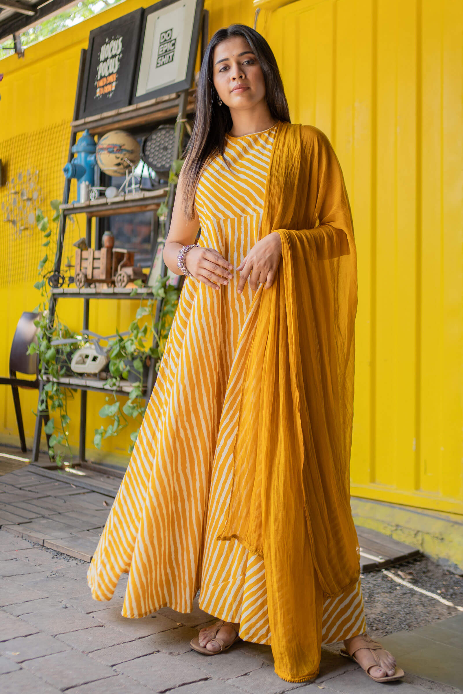 Fire Yellow Leheriya Printed Ethnic Dress - Tantu