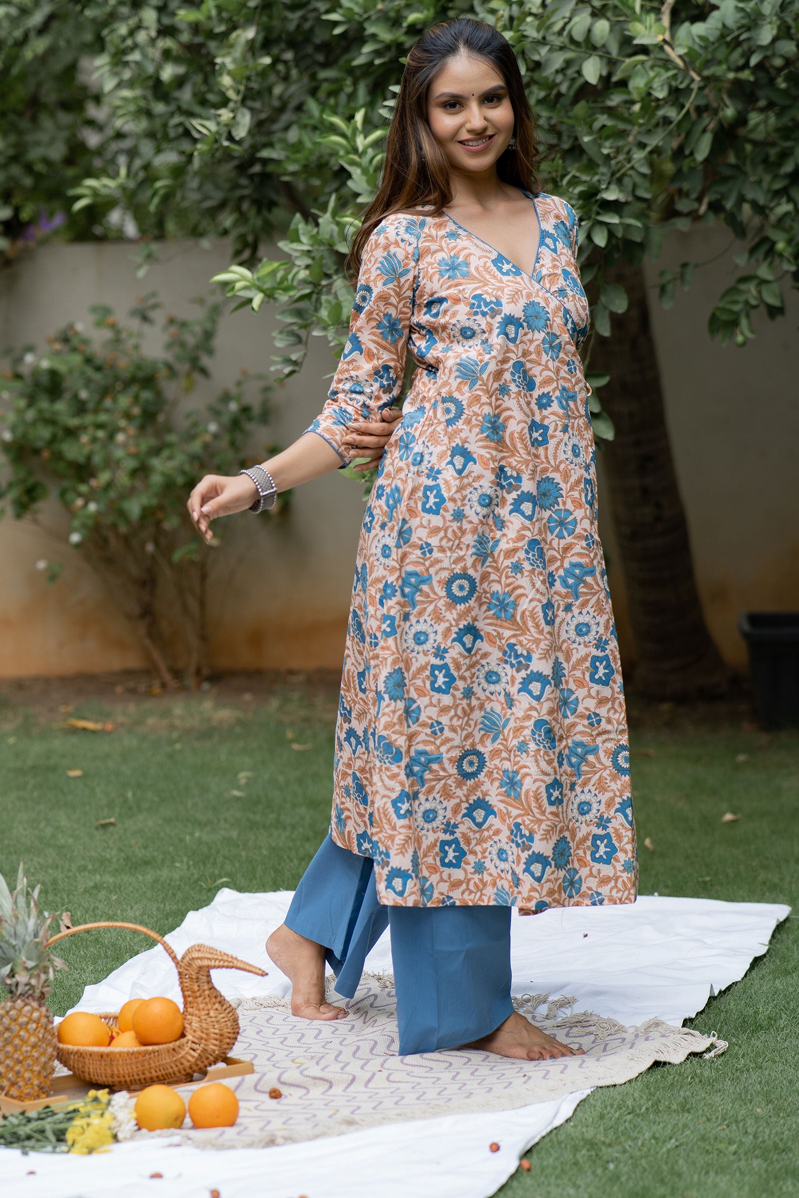 Peach Jaal Floral Printed Kurta Set - Tantu