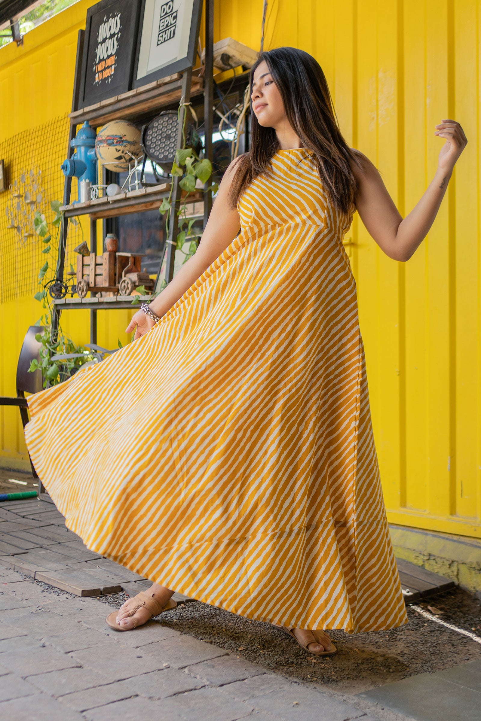 Fire Yellow Leheriya Printed Ethnic Dress - Tantu