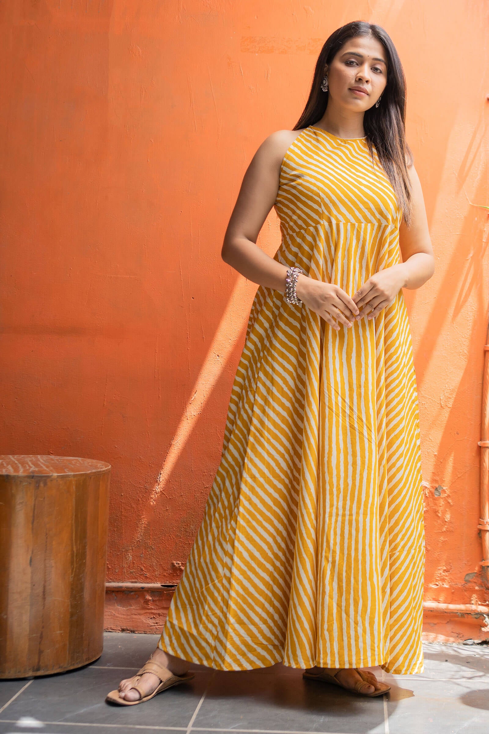 Fire Yellow Leheriya Printed Ethnic Dress - Tantu