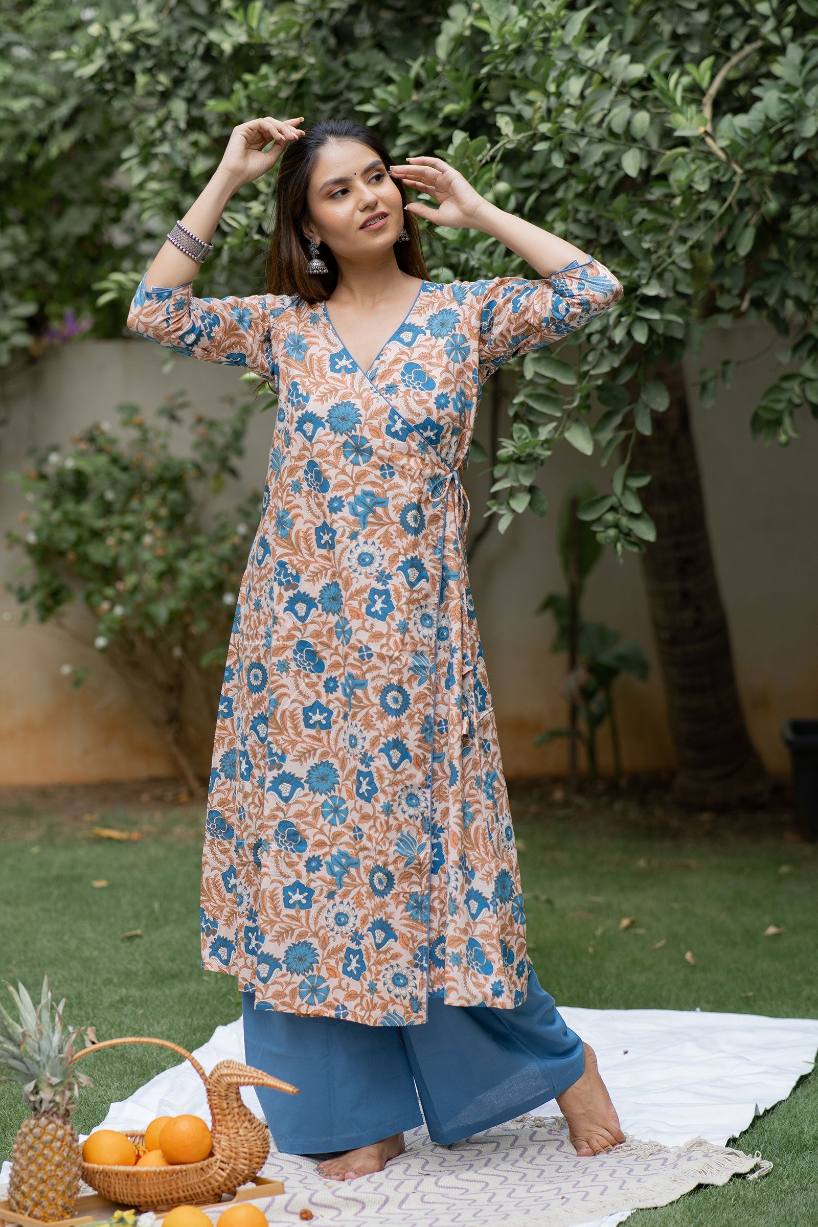 Peach Jaal Floral Printed Kurta Set - Tantu