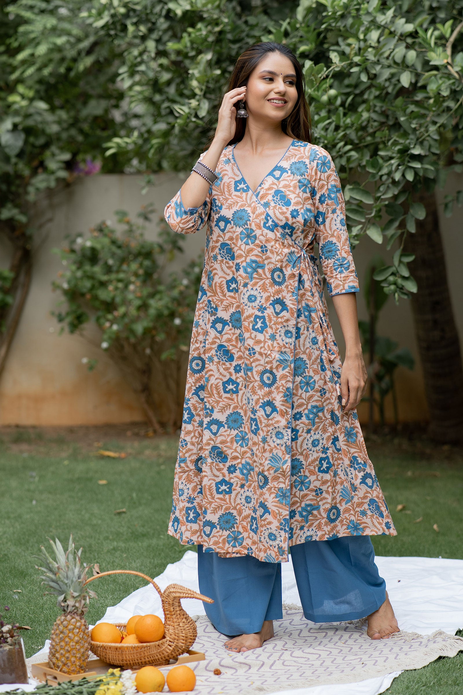 Peach Jaal Floral Printed Kurta Set - Tantu