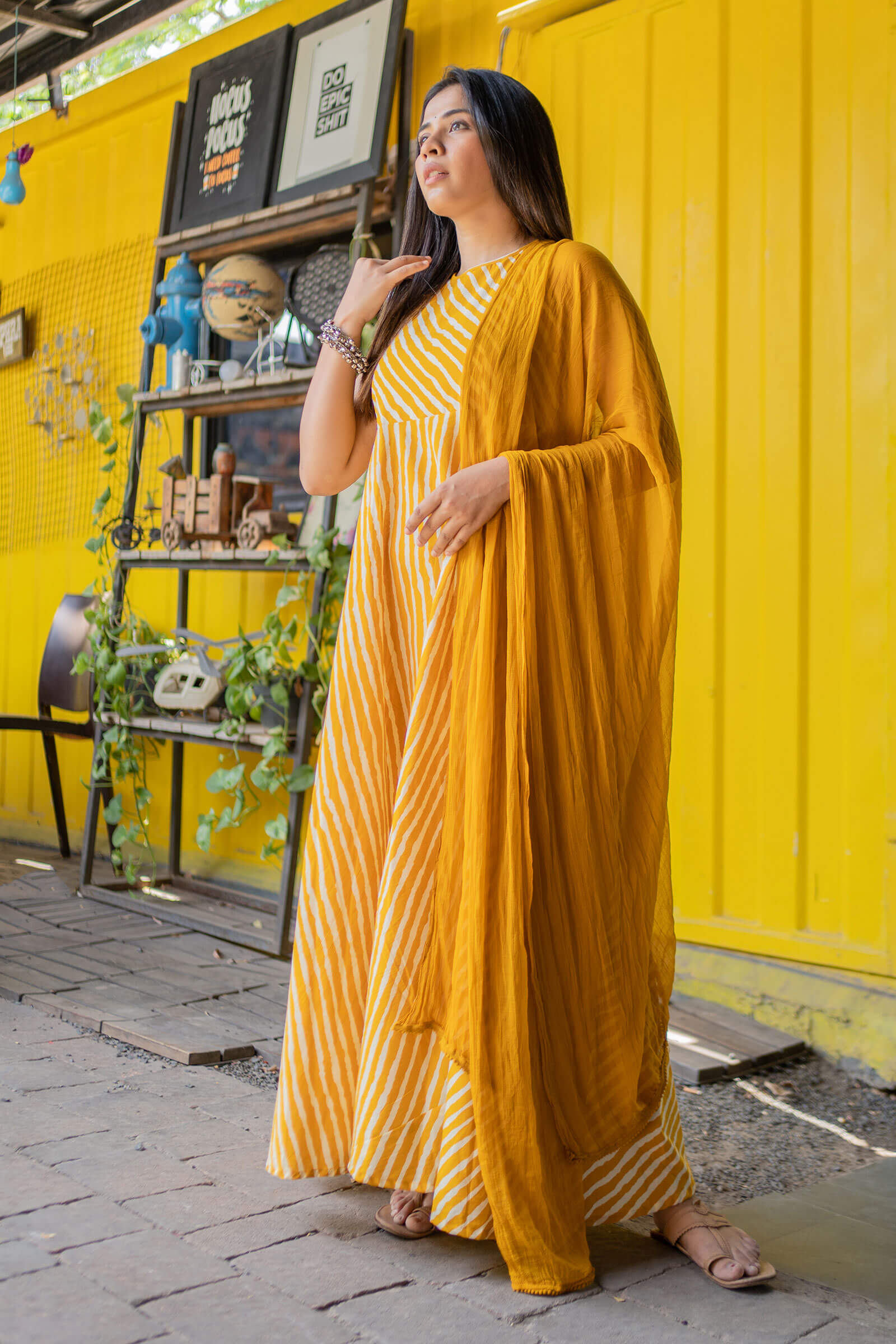 Fire Yellow Leheriya Printed Ethnic Dress - Tantu