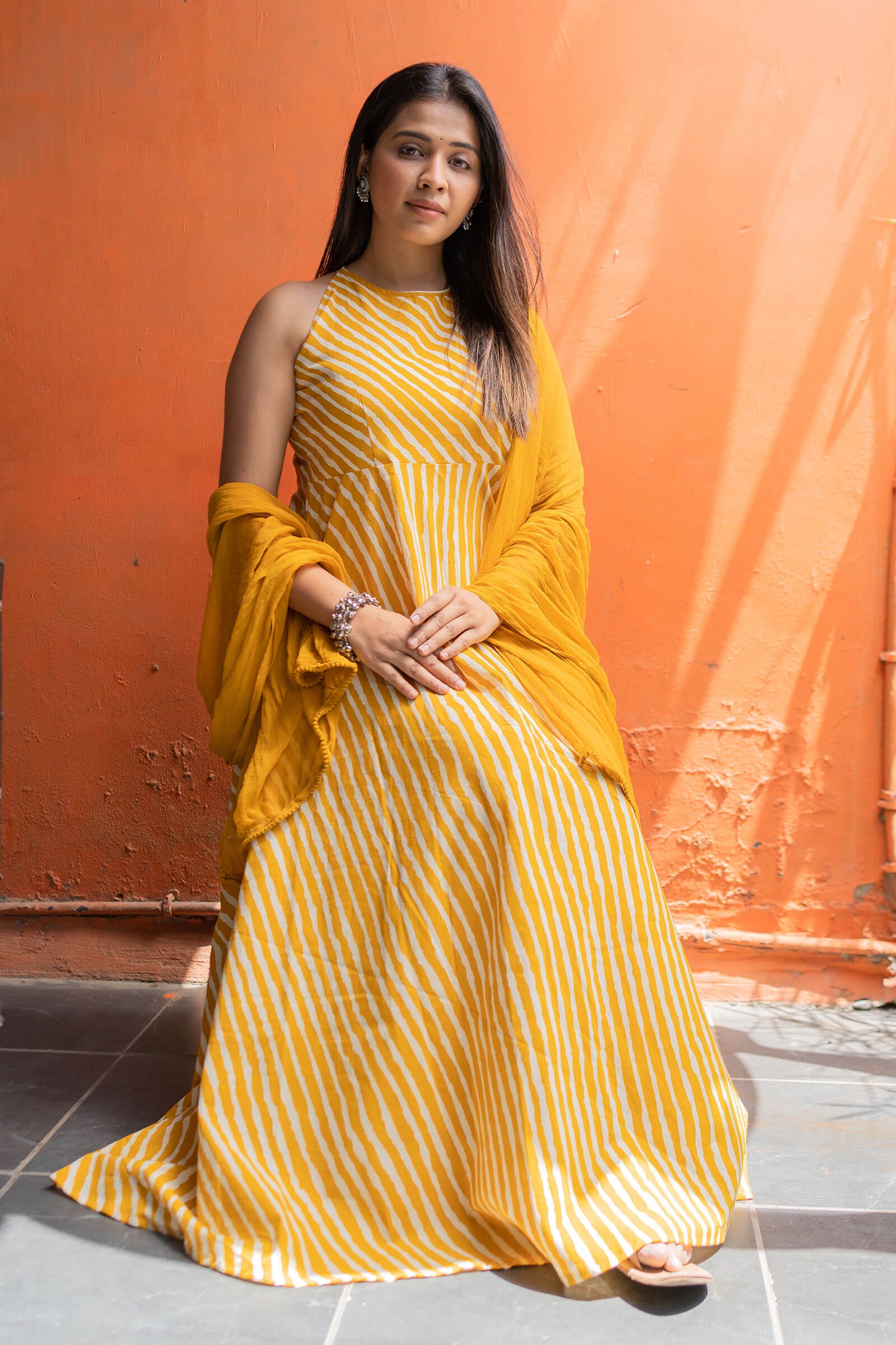 Fire Yellow Leheriya Printed Ethnic Dress - Tantu