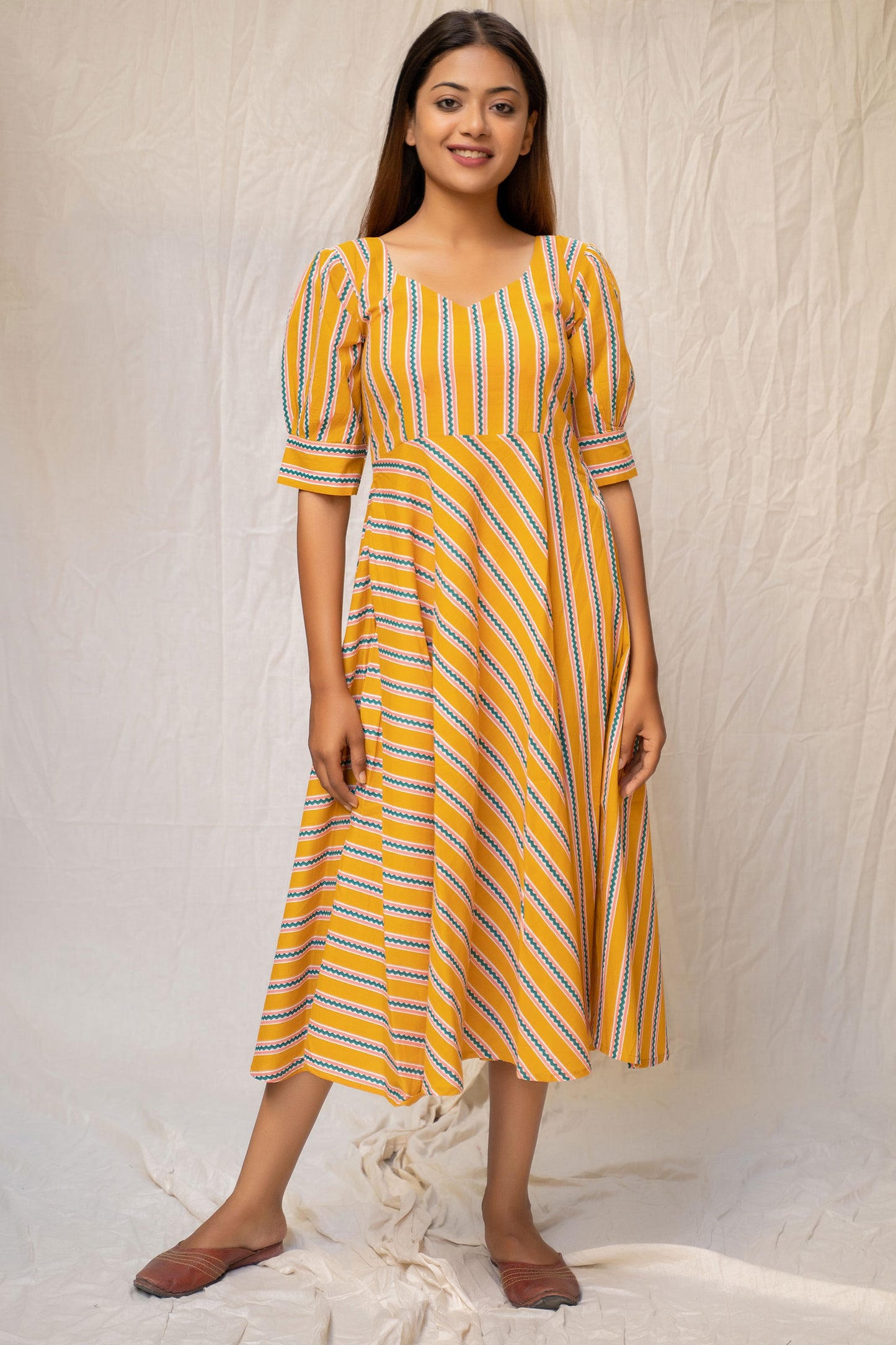 
                  
                    Mustard Striped Cotton Dress - Tantu 
                  
                