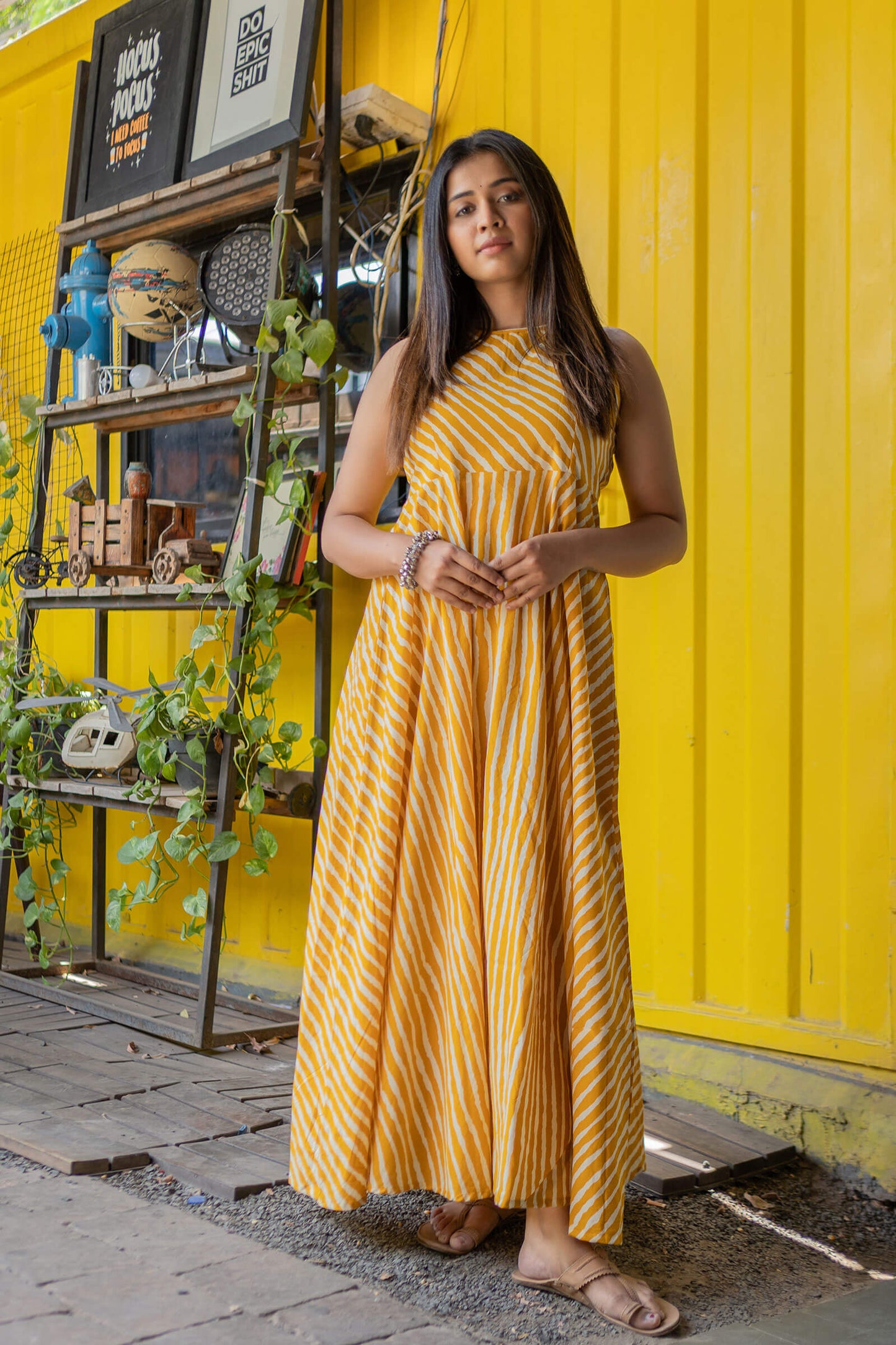
                  
                    Fire Yellow Leheriya Printed Ethnic Dress - Tantu 
                  
                