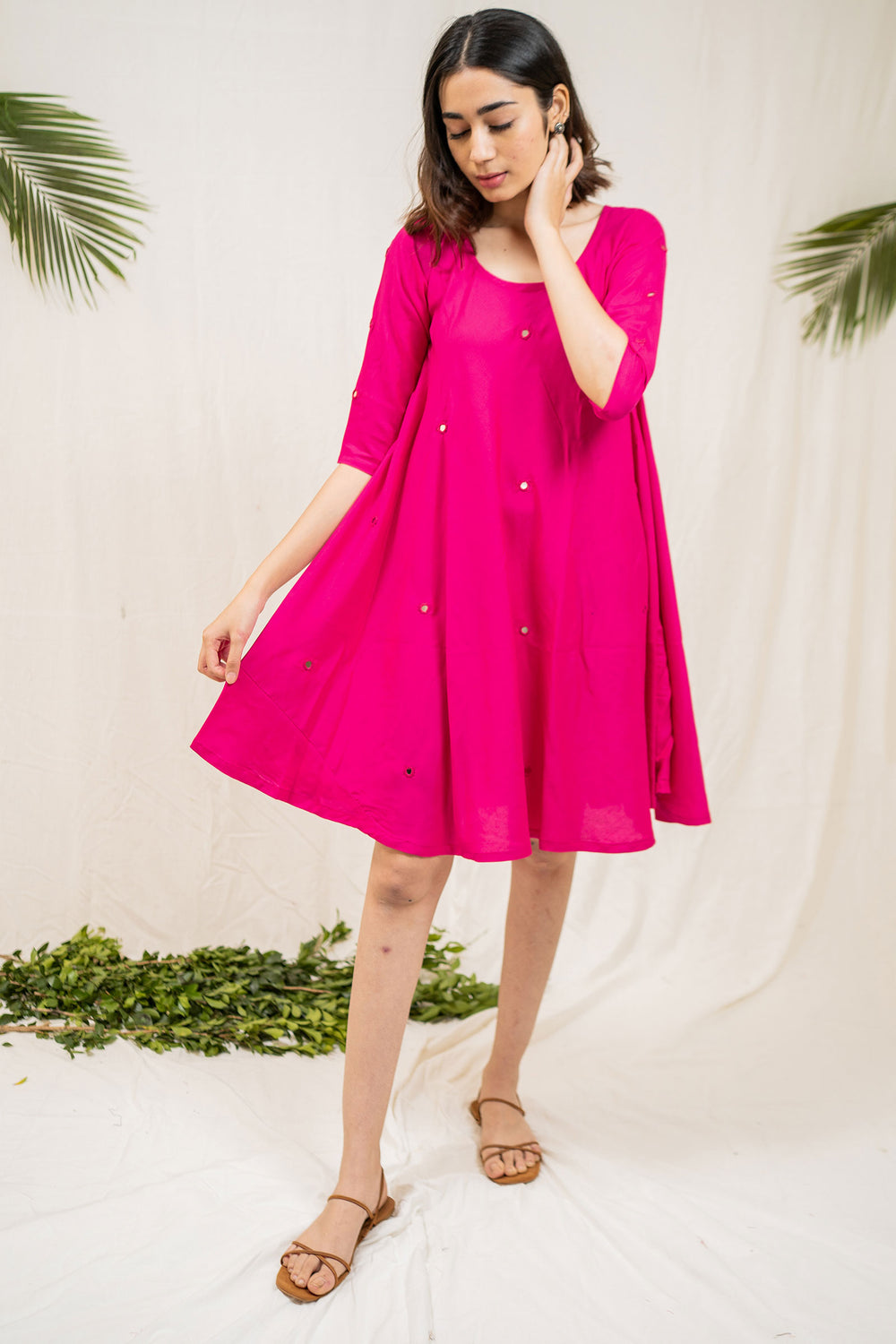Hot Pink Mirror Embroidery Dress - Tantu 