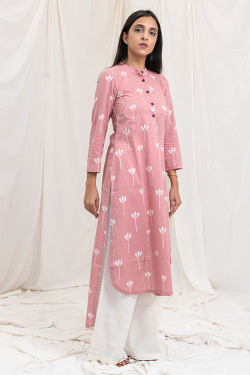 Pink Block Print Long Cotton Kurta