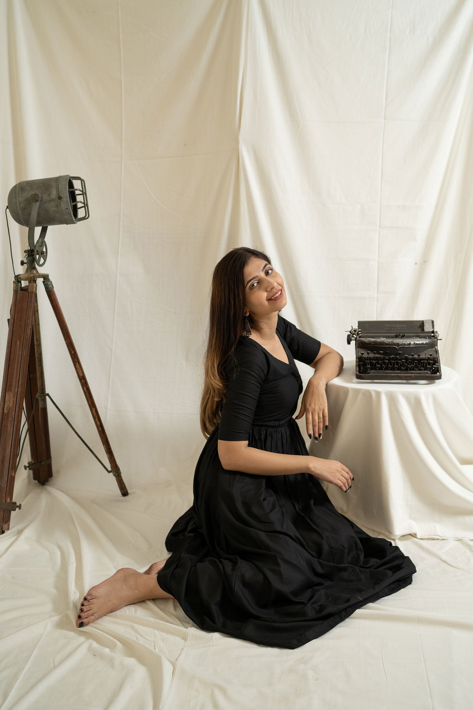 Black Flared Cotton Ethnic Dress - Tantu 