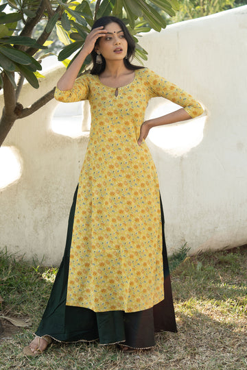 Yellow BlockPrinted Kurta Set - Tantu 