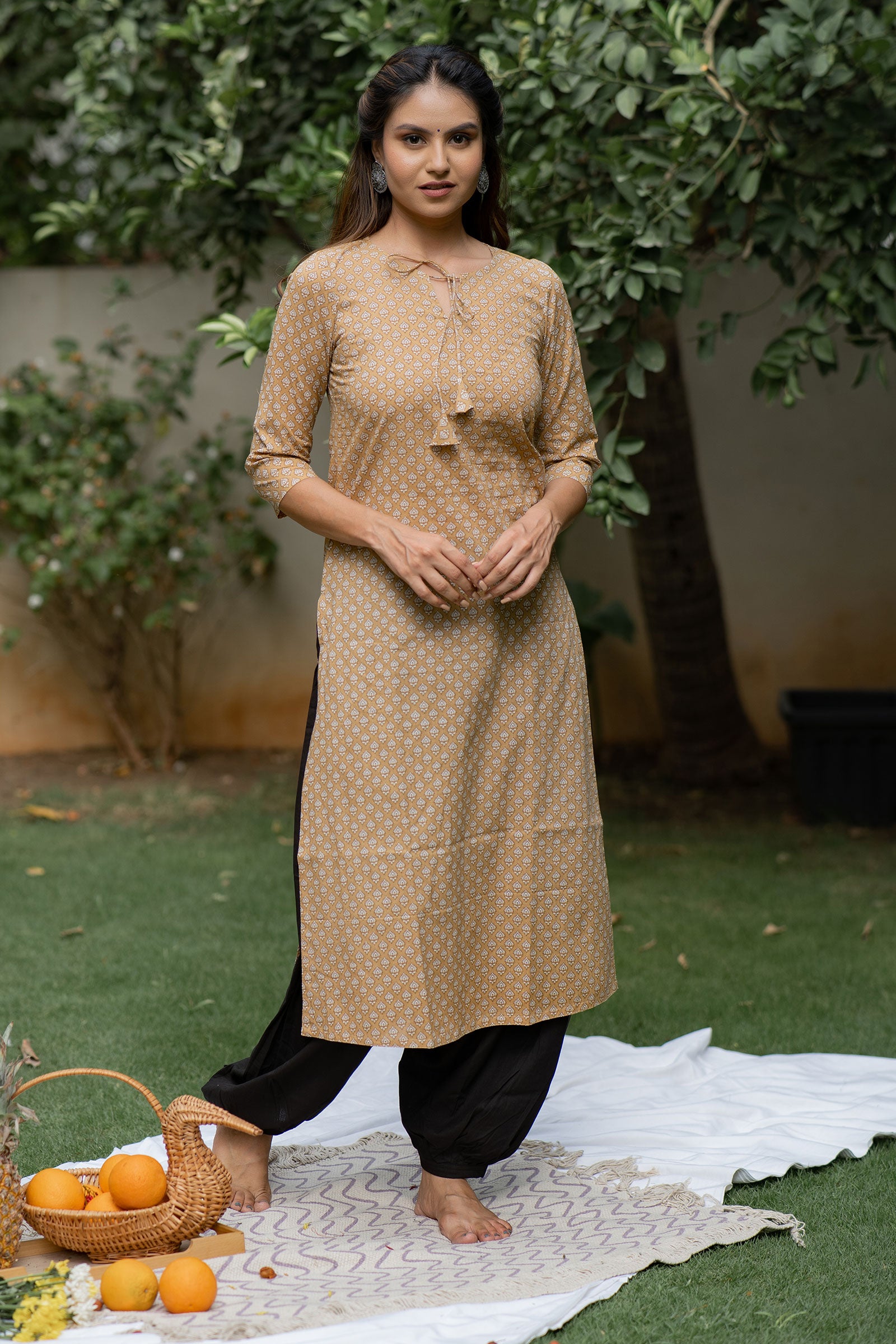 Beige Cotton Printed Kurta Set - Tantu 