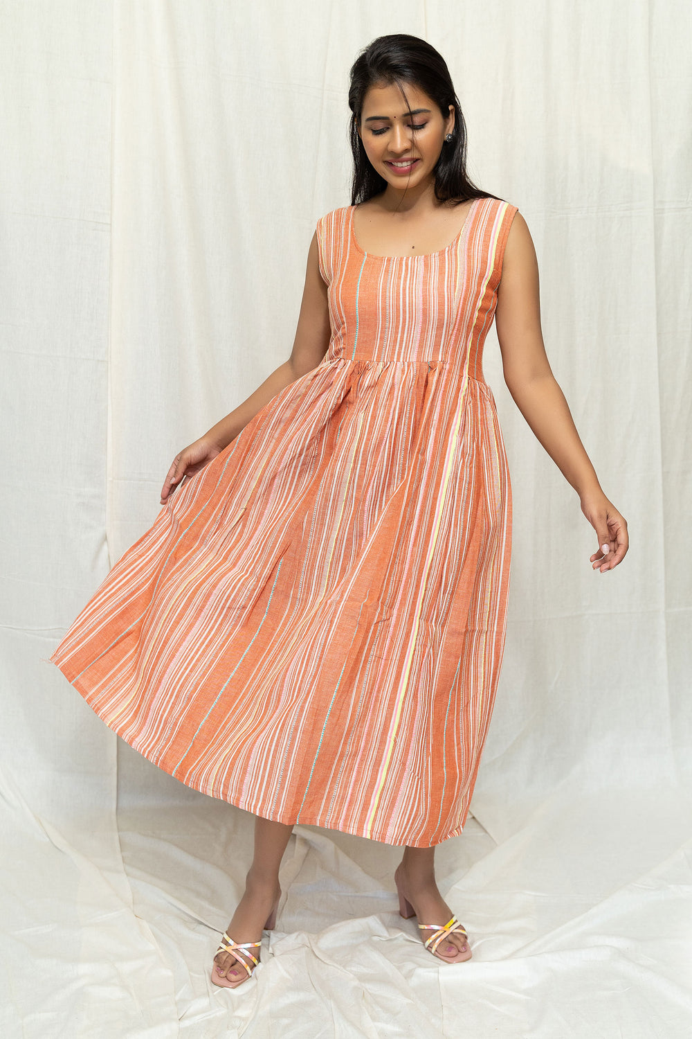 Brown Striped Cotton Dress - Tantu 