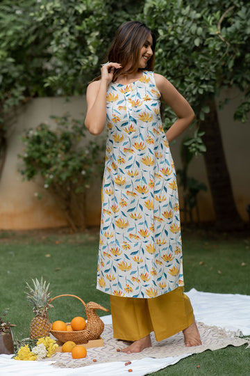 White Yellow Floral Printed Kurta Set - Tantu 