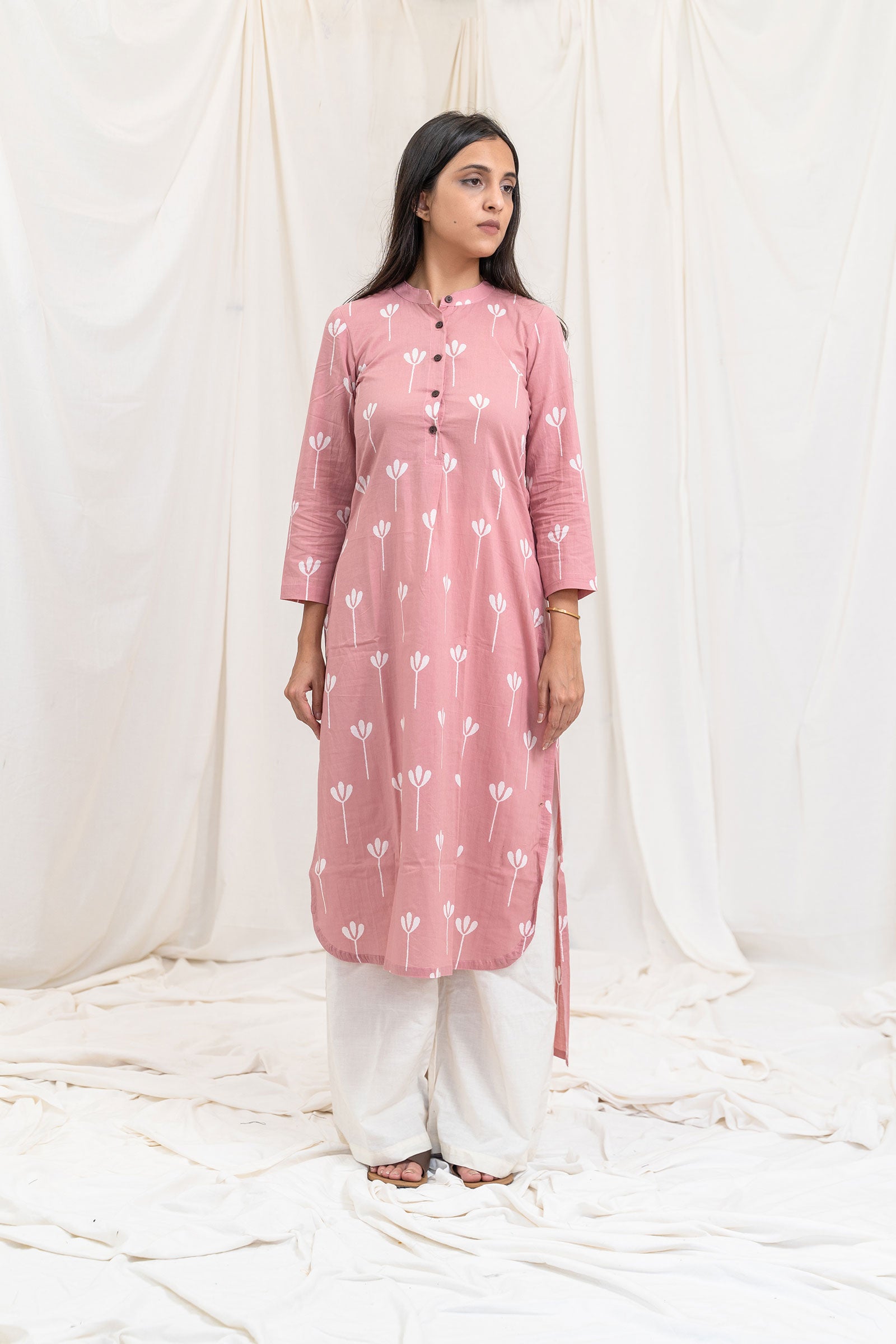 Pink Block Print Long Cotton Kurta - Tantu 