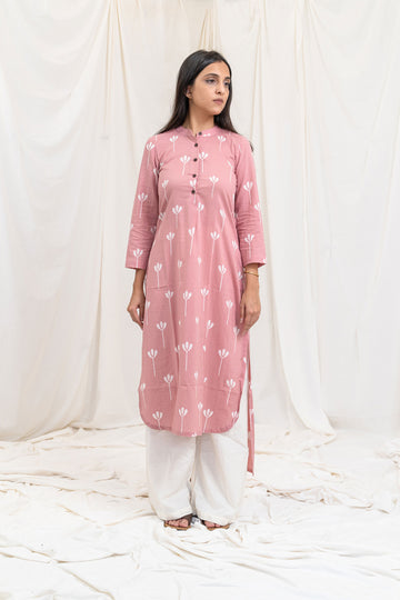 Pink Block Print Long Cotton Kurta