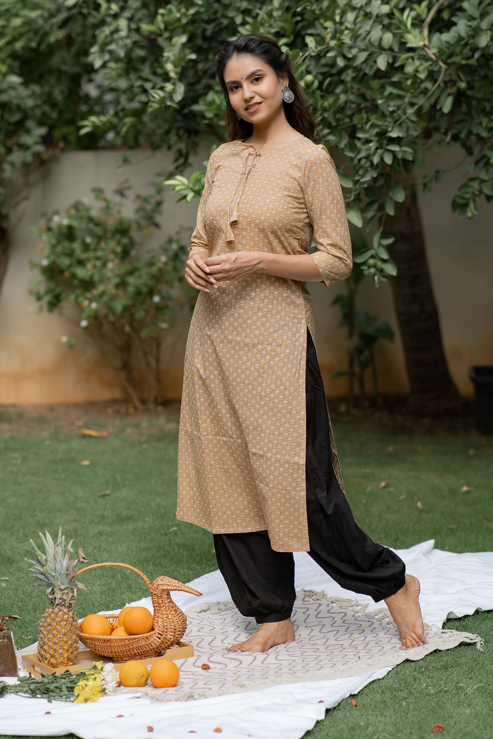 Beige Cotton Printed Kurta Set - Tantu 