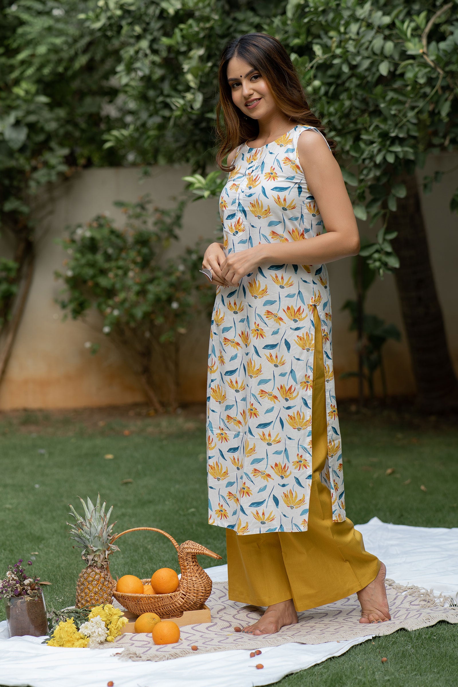 White Yellow Floral Printed Kurta Set - Tantu 