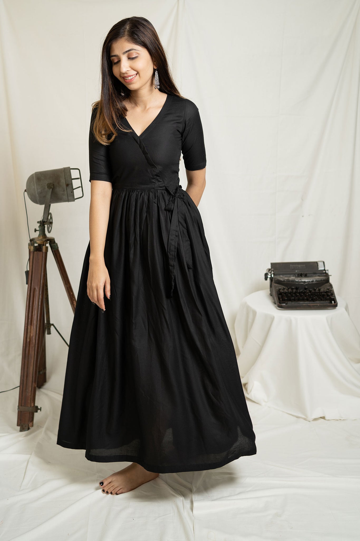 Black Flared Cotton Ethnic Dress - Tantu 