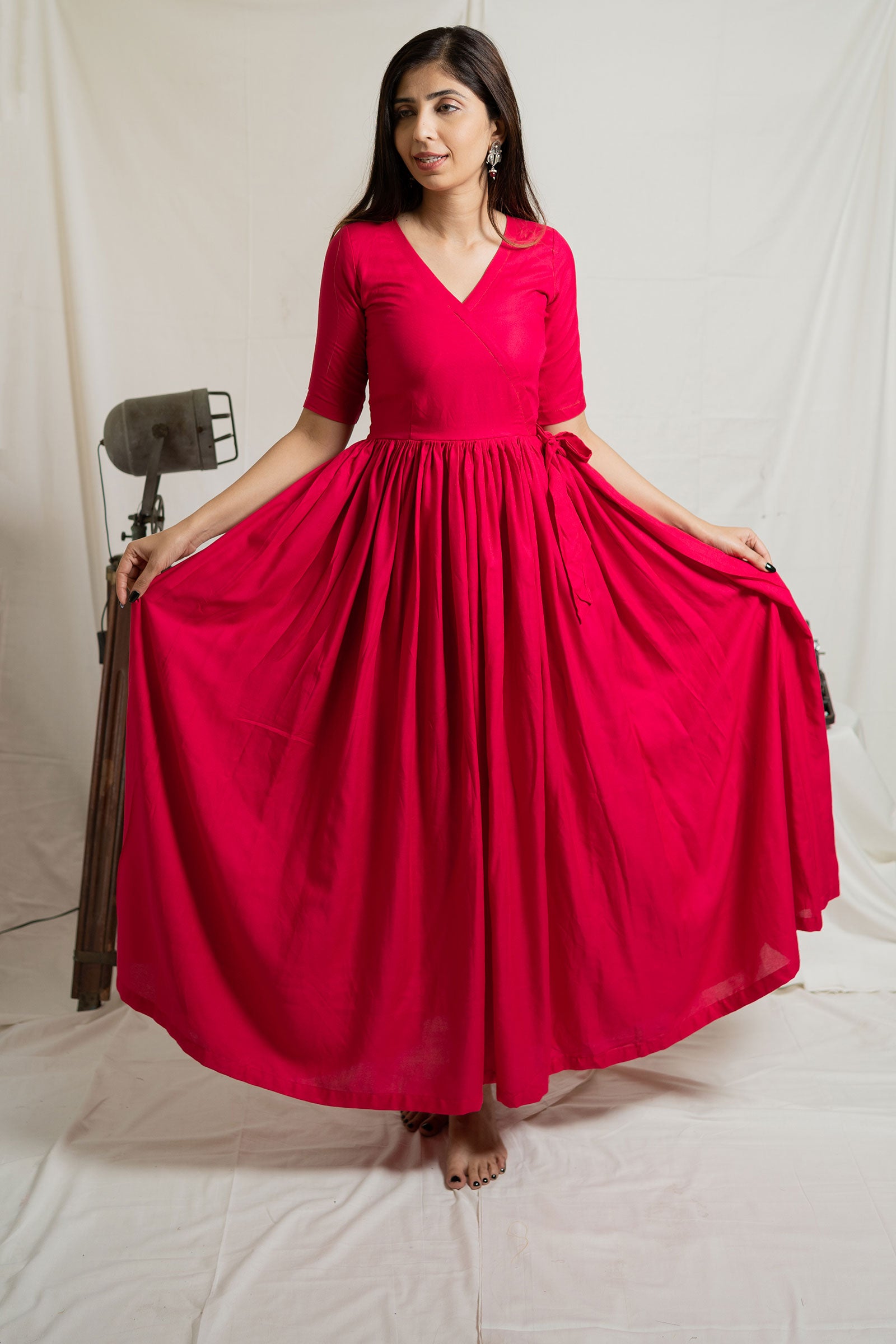 Hot Pink Flared Cotton Ethnic Dress - Tantu 