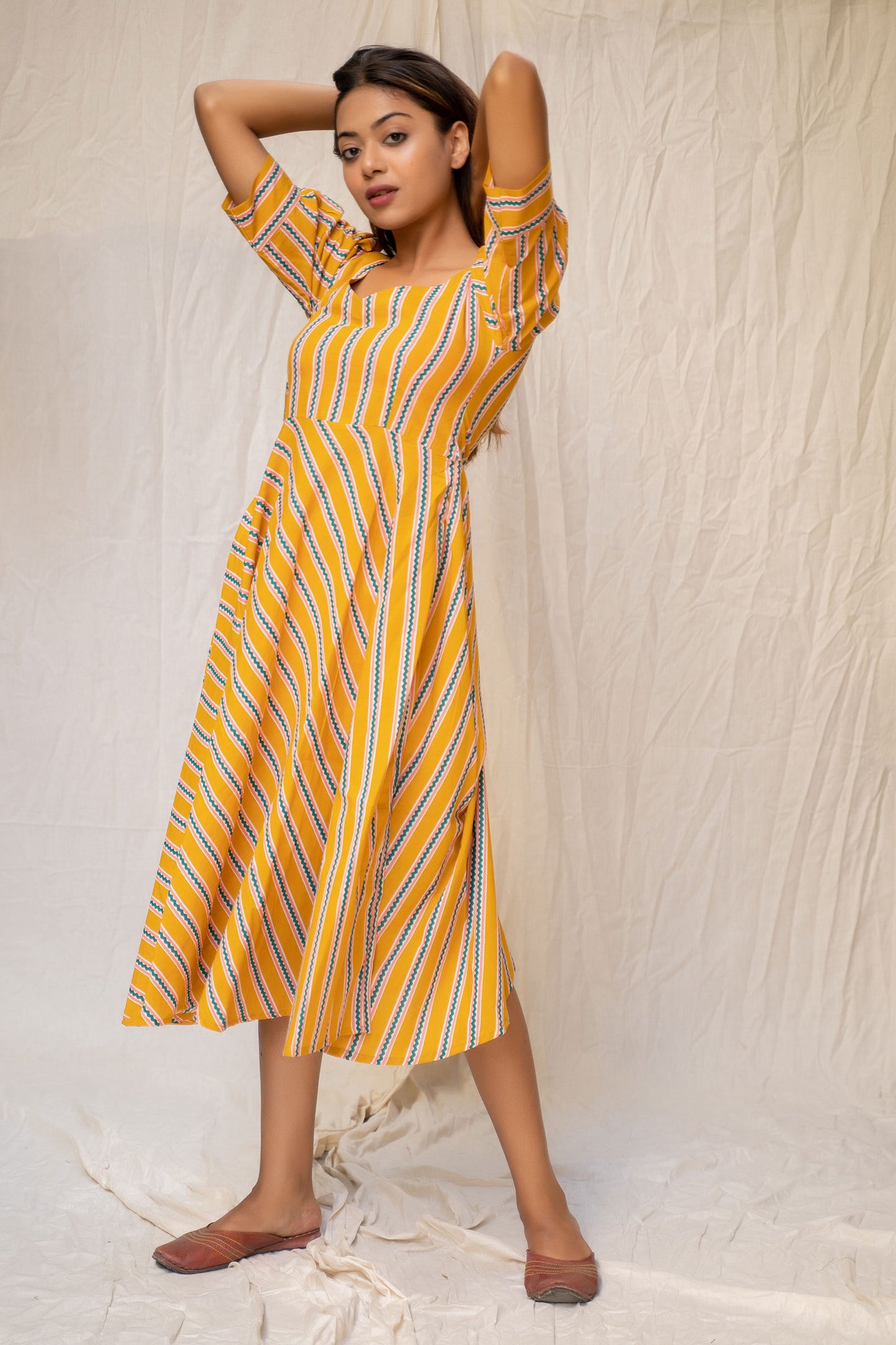 
                  
                    Mustard Striped Cotton Dress - Tantu
                  
                