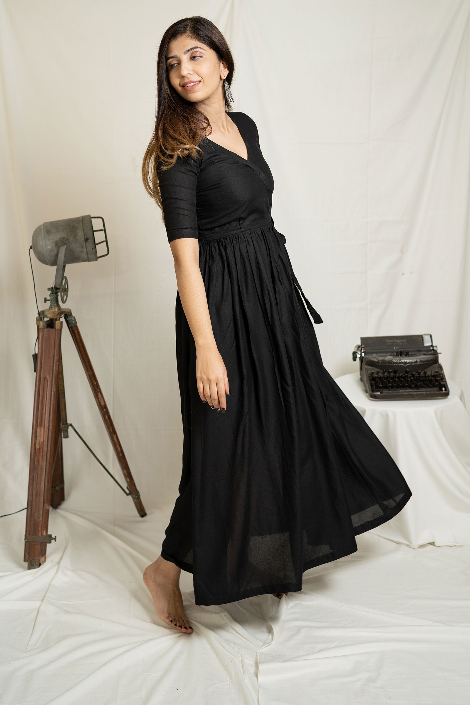 Black Flared Cotton Ethnic Dress - Tantu 