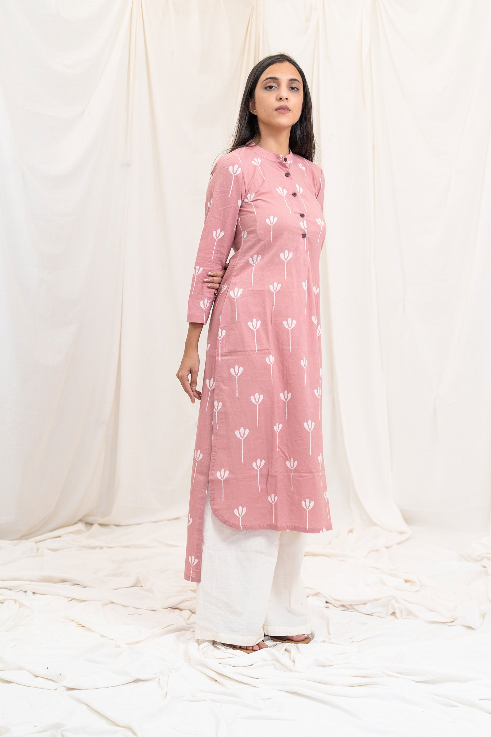 Pink Block Print Long Cotton Kurta - Tantu 