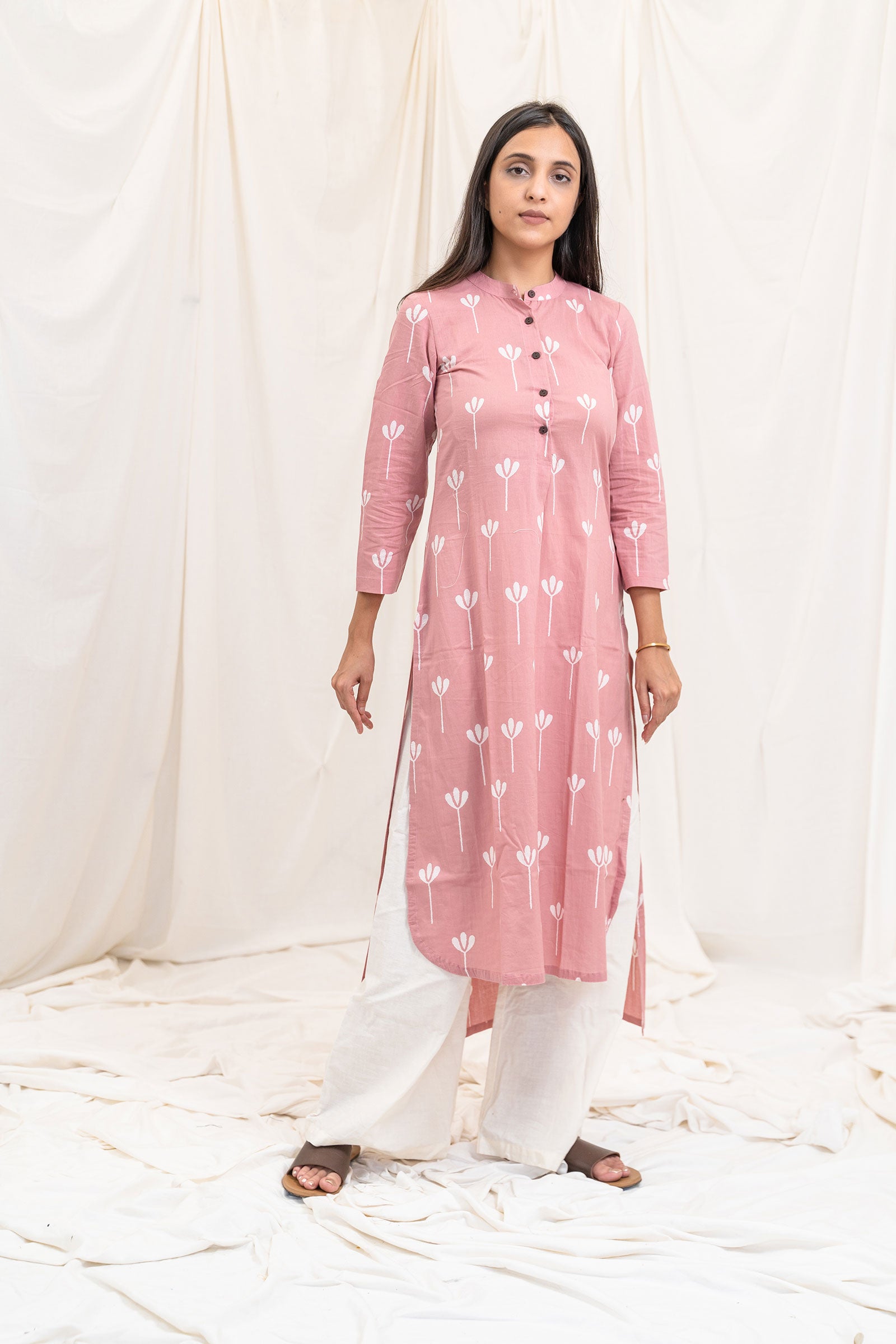 Pink Block Print Long Cotton Kurta - Tantu 