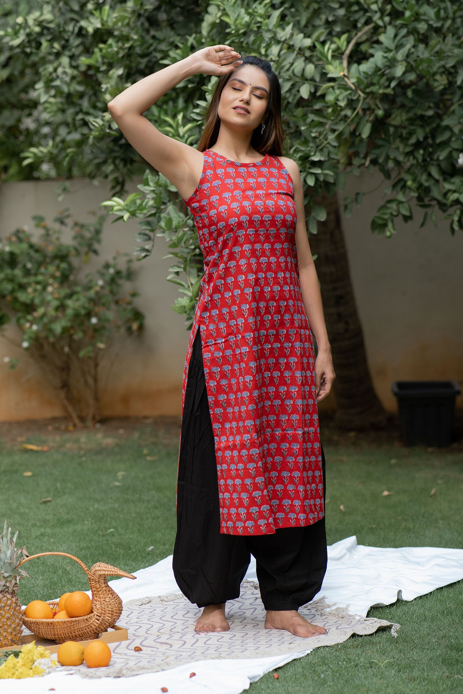 Red Lotus Printed Kurta Set - Tantu 