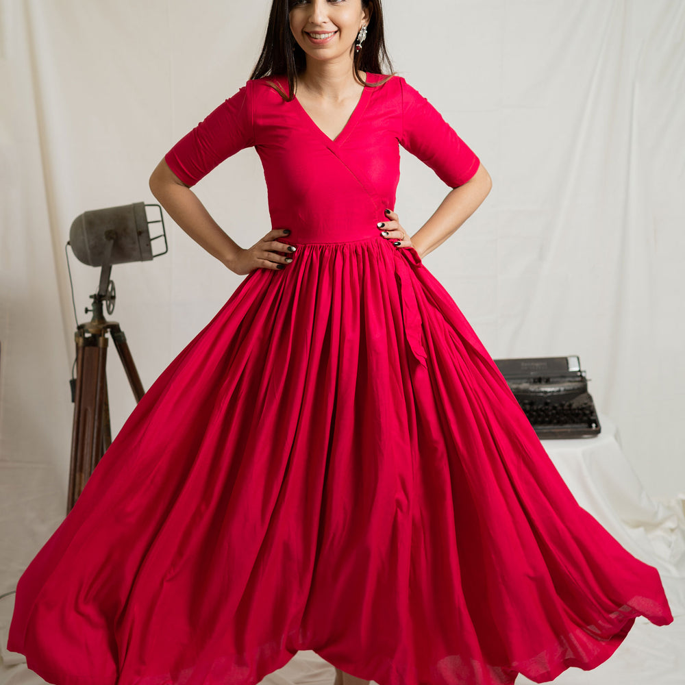 
                  
                    Hot Pink Flared Cotton Ethnic Dress - Tantu 
                  
                