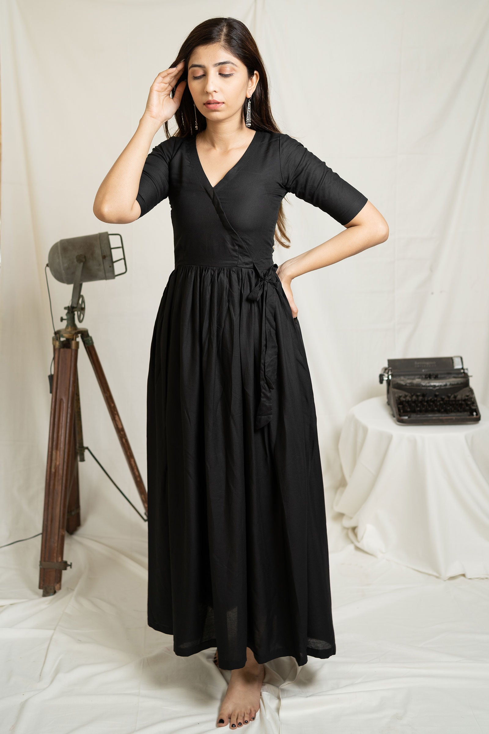 Black Flared Cotton Ethnic Dress - Tantu 