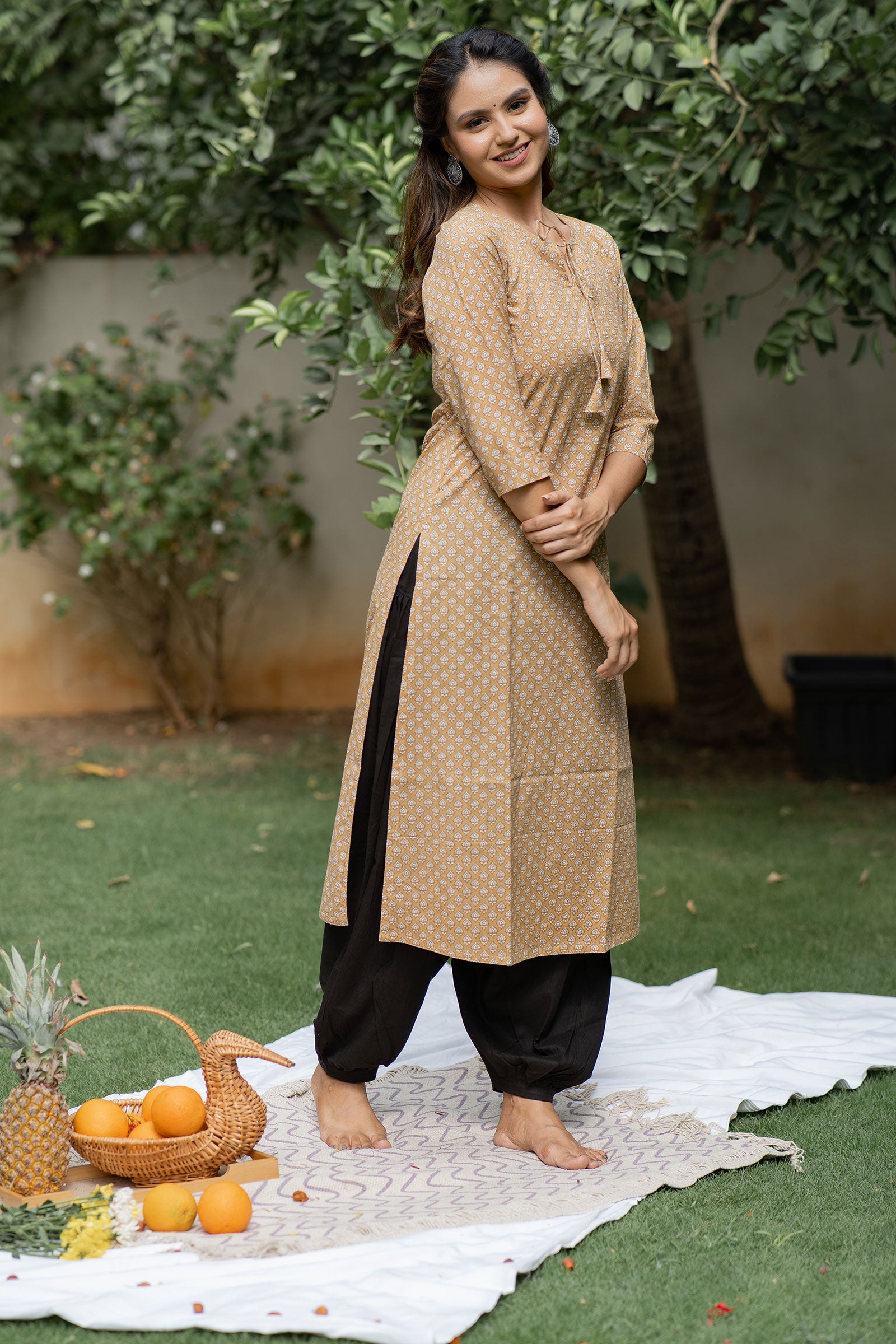 Beige Cotton Printed Kurta Set - Tantu 