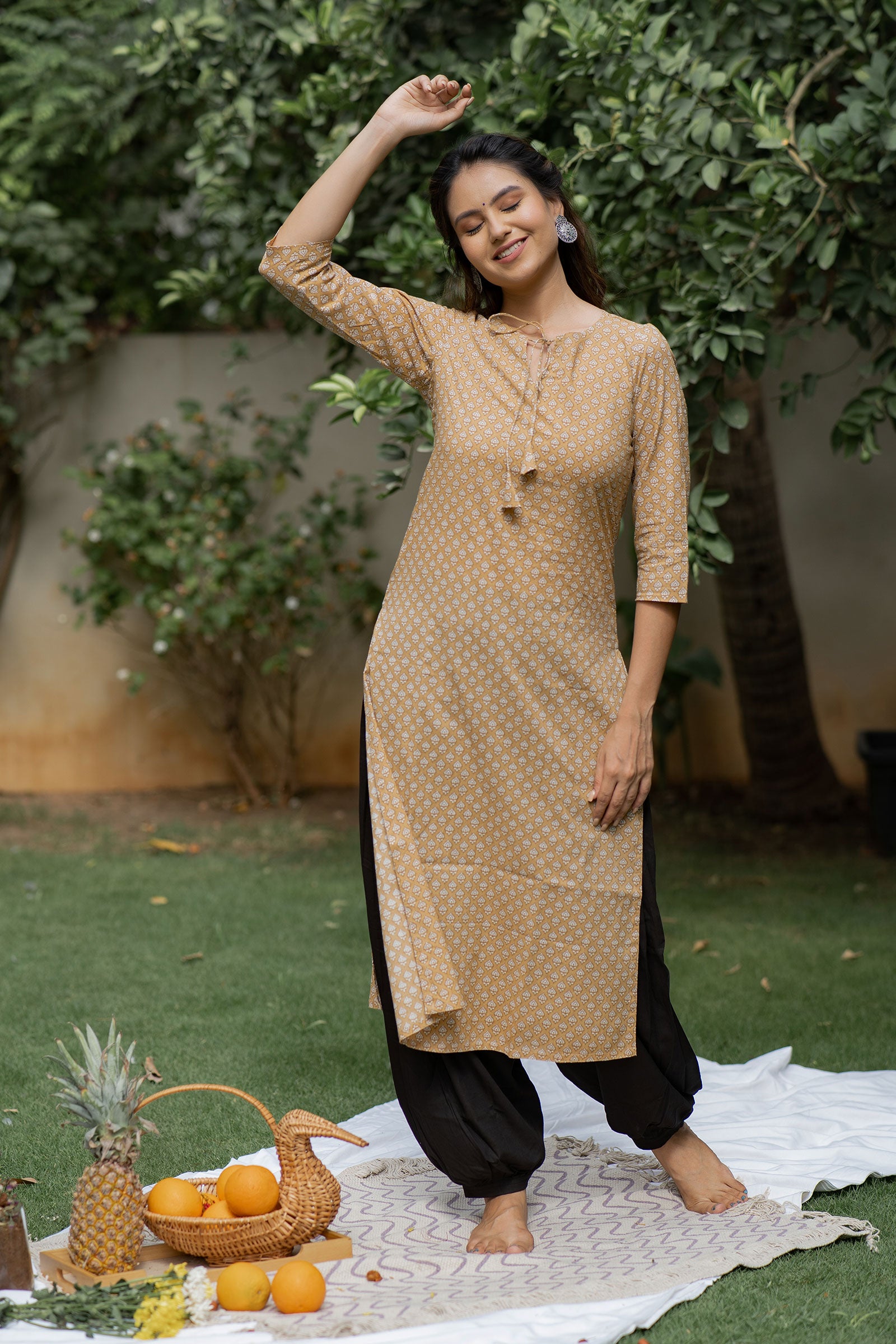 Beige Cotton Printed Kurta Set - Tantu 