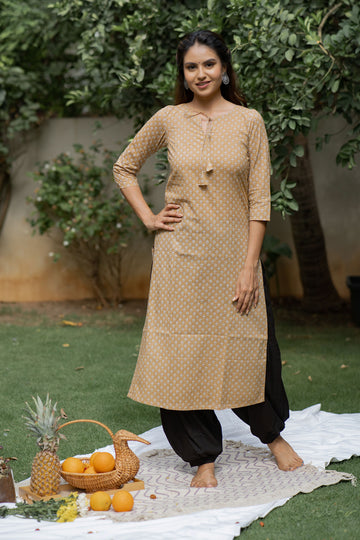 Beige Cotton Printed Kurta Set - Tantu 