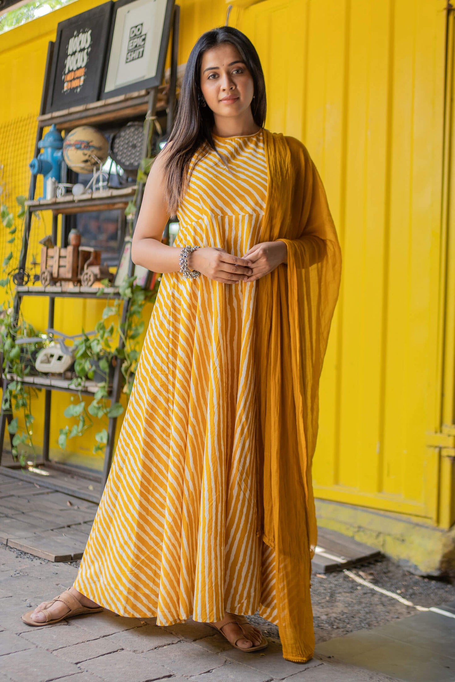 
                  
                    Fire Yellow Leheriya Printed Ethnic Dress - Tantu 
                  
                