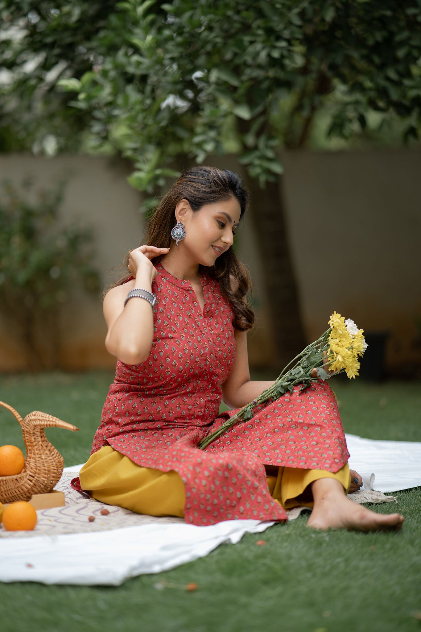 Coral Pink Cotton Printed Butti Kurta Set - Tantu 