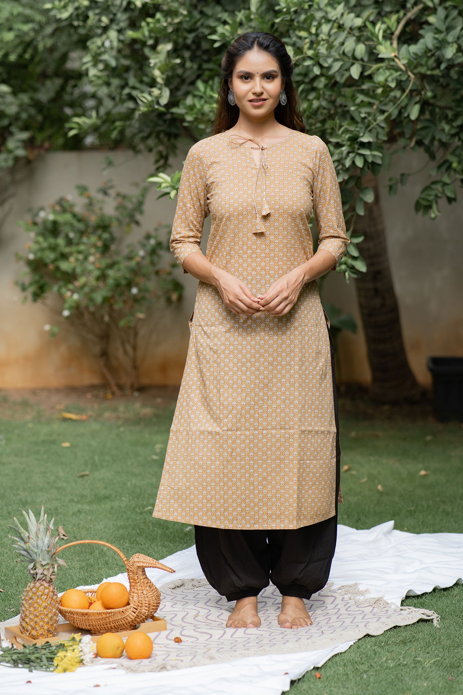 Beige Cotton Printed Kurta Set - Tantu 