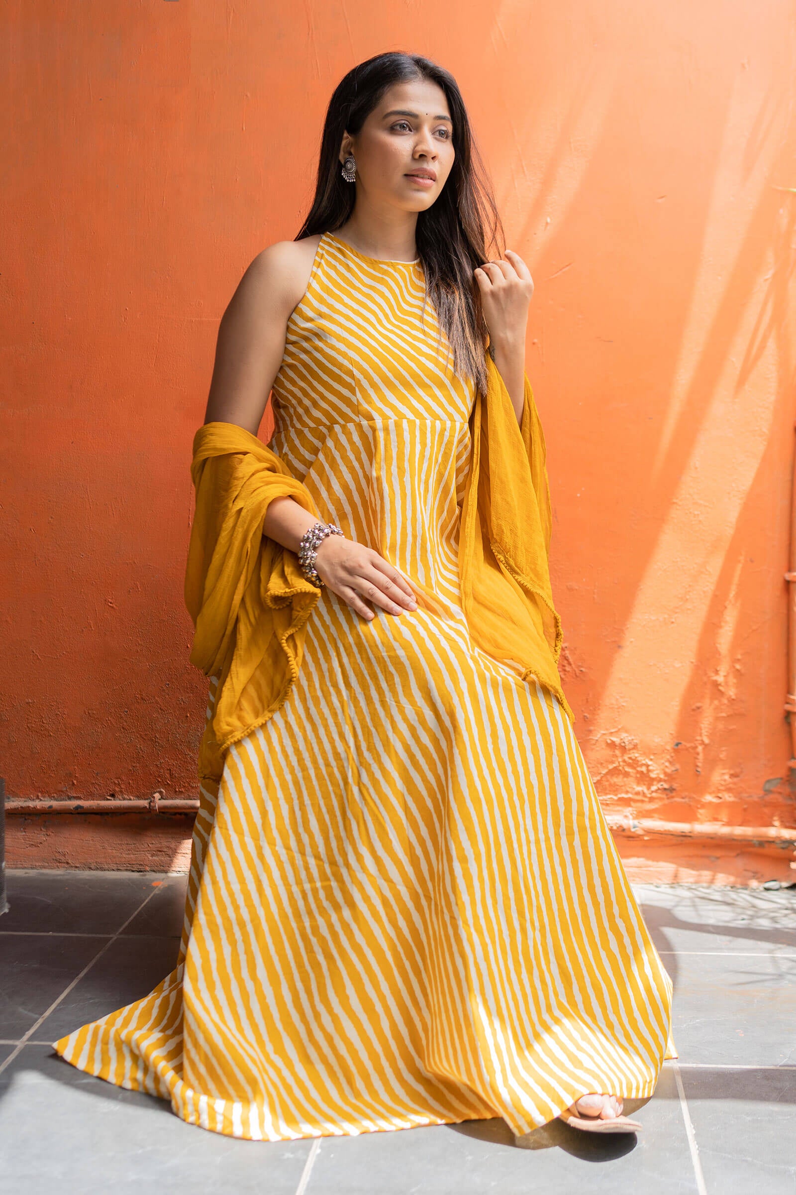 Fire Yellow Leheriya Printed Ethnic Dress - Tantu 