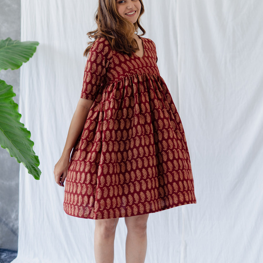 
                  
                    Brick Red Cotton Dress - Tantu 
                  
                