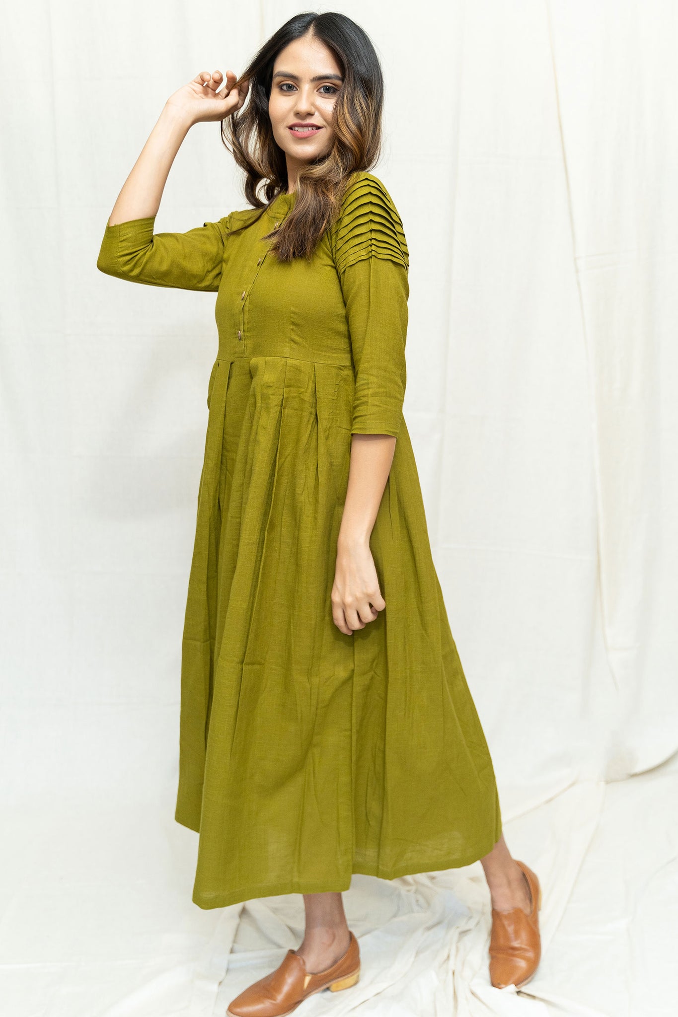Green Cotton Casual Dress - Tantu 